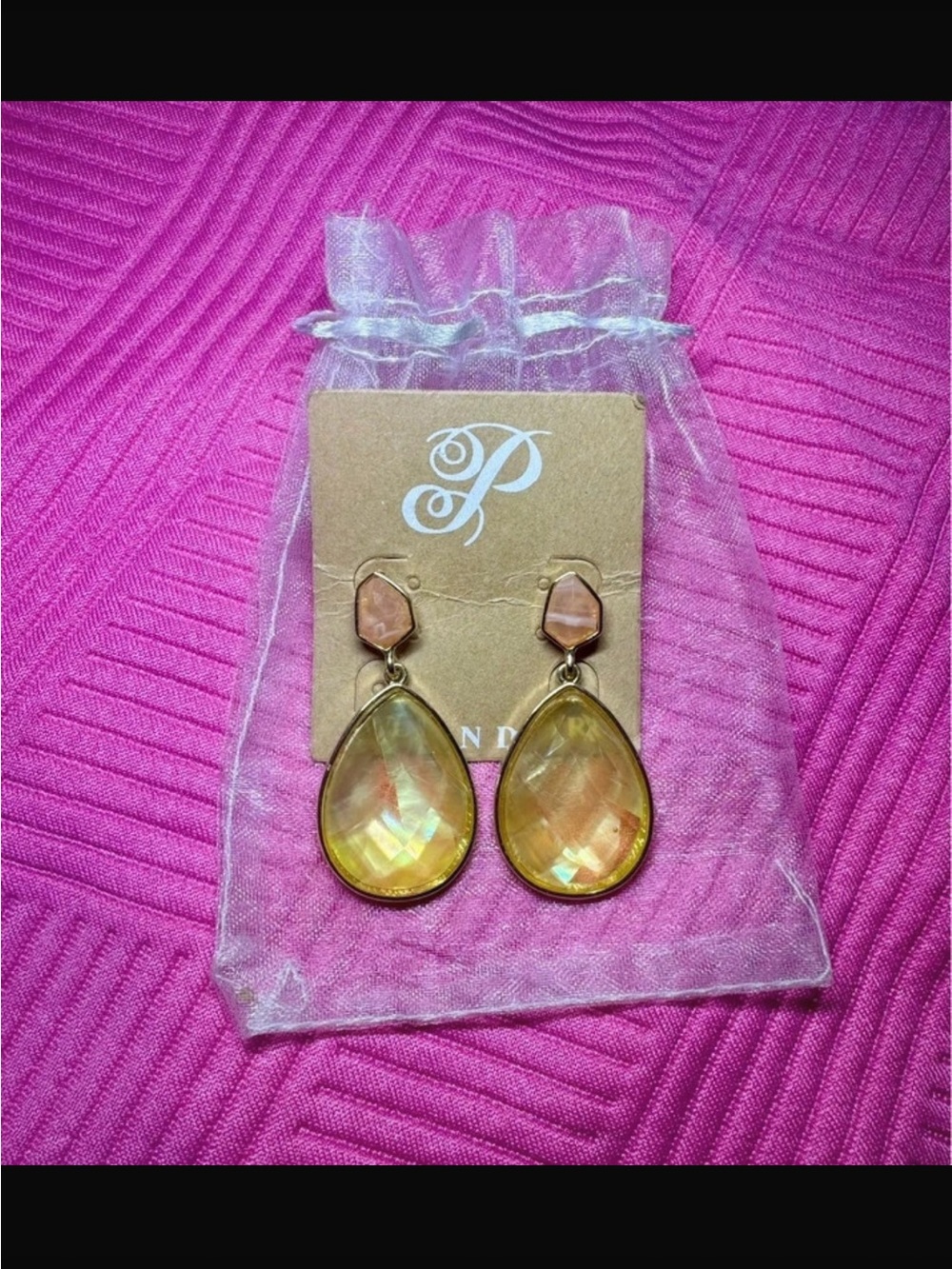 Plunder Gold-Tone Yellow Teardrop Dangle Earrings with Peach Accents